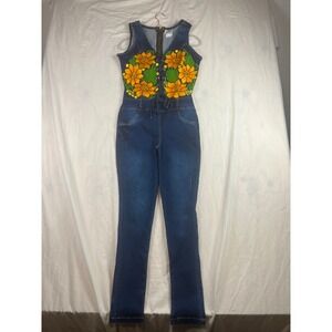 Flower Love Denim Jumpsuit Sunflower Embroidered Lace Up Blue Size G/Large